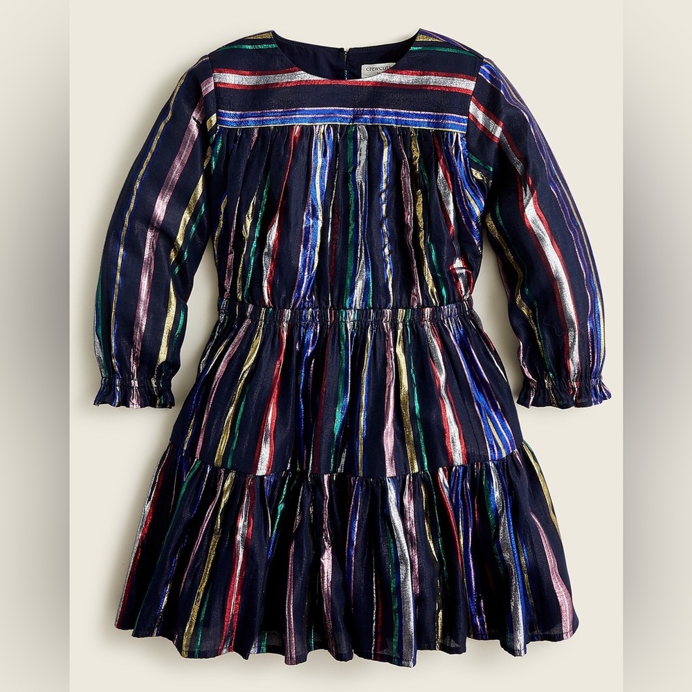 J. CREW Crewcuts Girls Puff Sleeve Dress in Metallic Rainbow Stripe Size 12